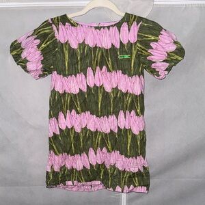 Crewcuts Puff Sleeve Dress with Pink and Green Tulip Design
